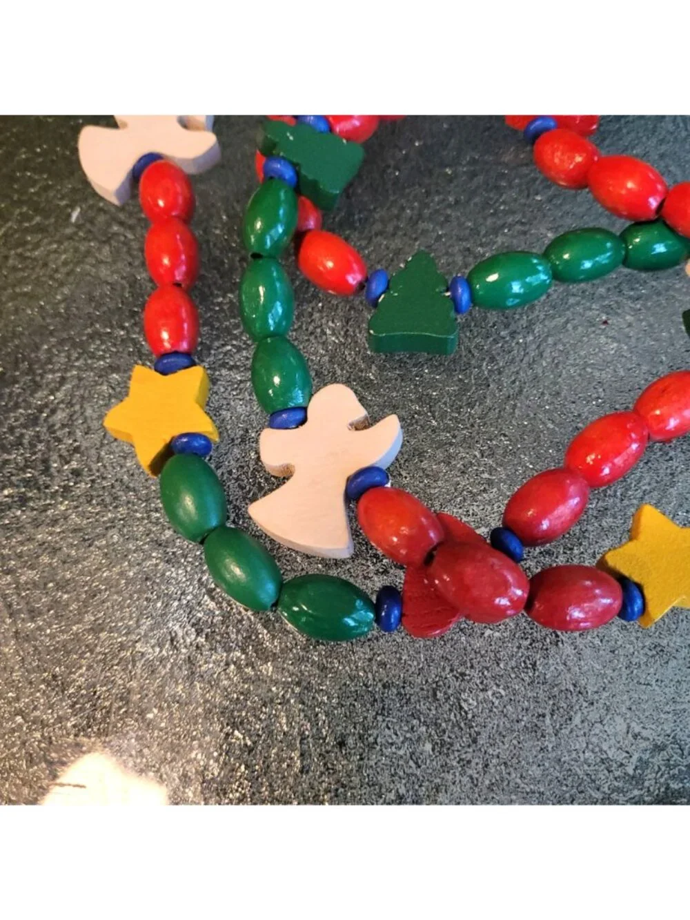 Wooden Beaded Lot 6 Christmas Garland With Angels Stars Hearts & Trees Red Green